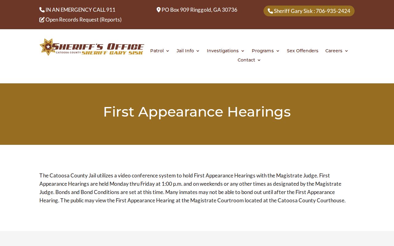Public first appearance information after a Catoosa County arrest warrant