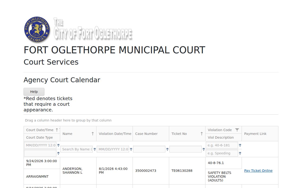 Fort Oglethorpe Courtware citation fields